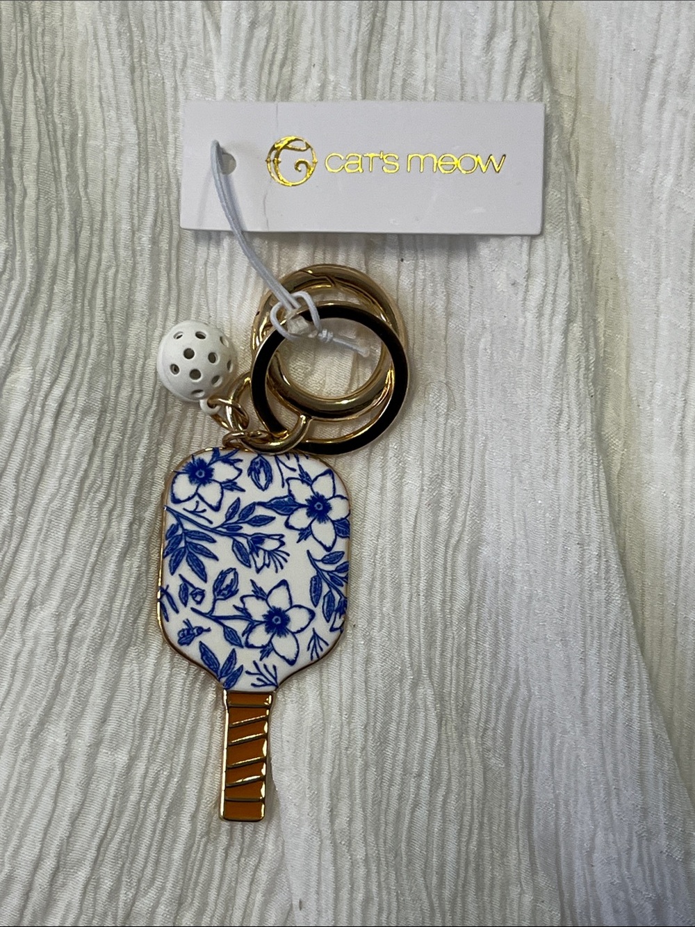 Cats Meow Blue & White Floral Paddle Key & Card Holder with Gold Hardware